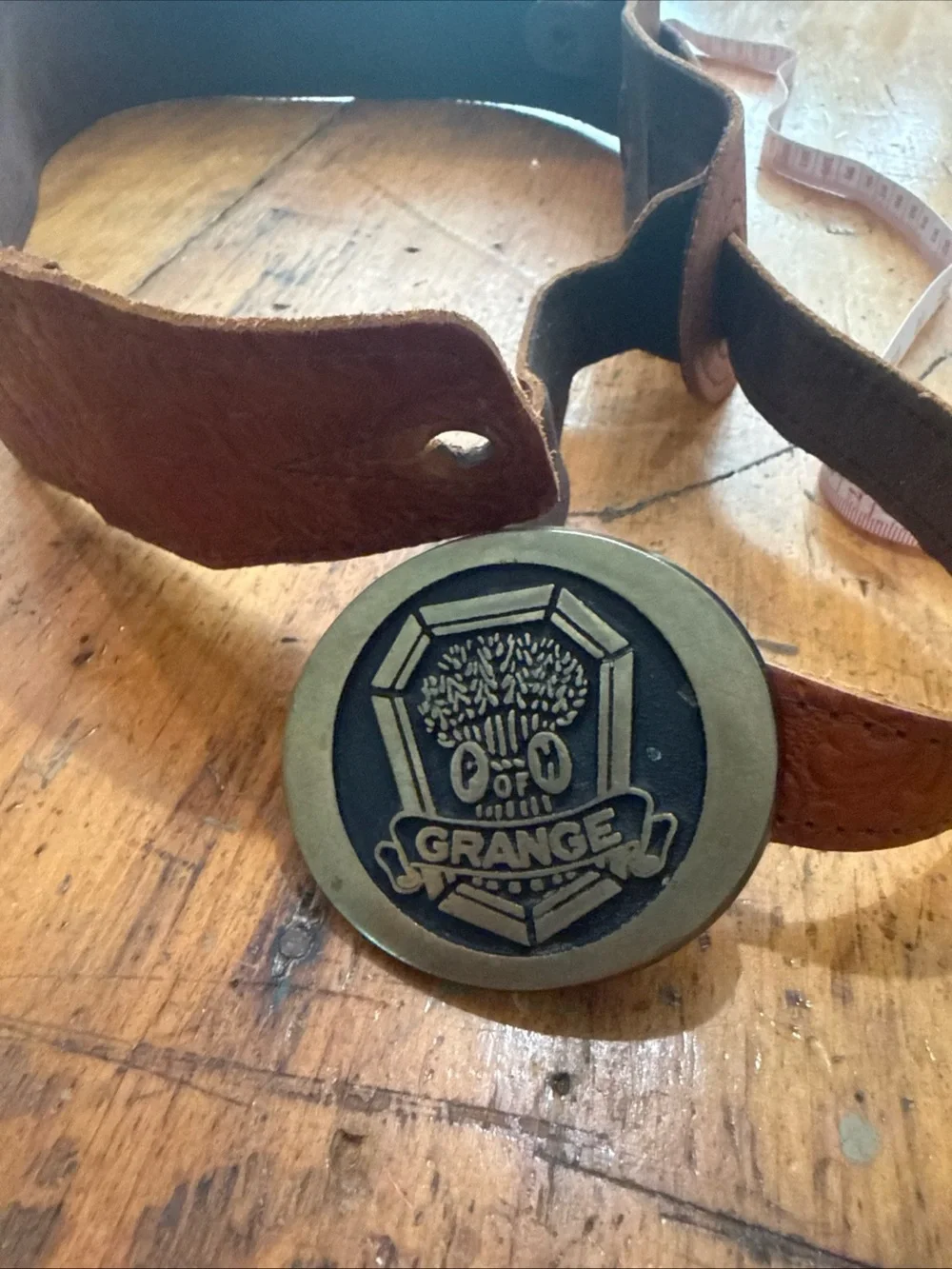 Grange Brass Circle Logo Belt Buckle and Leather Gibson Adjustable Belt